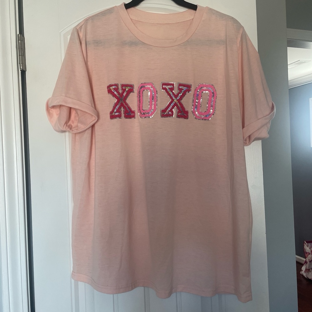Pink Sequin XOXO Graphic Tee Womens XL Casual T Shirt